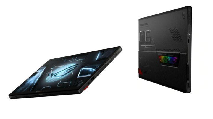 Gaming tablet shown on angle and rear side